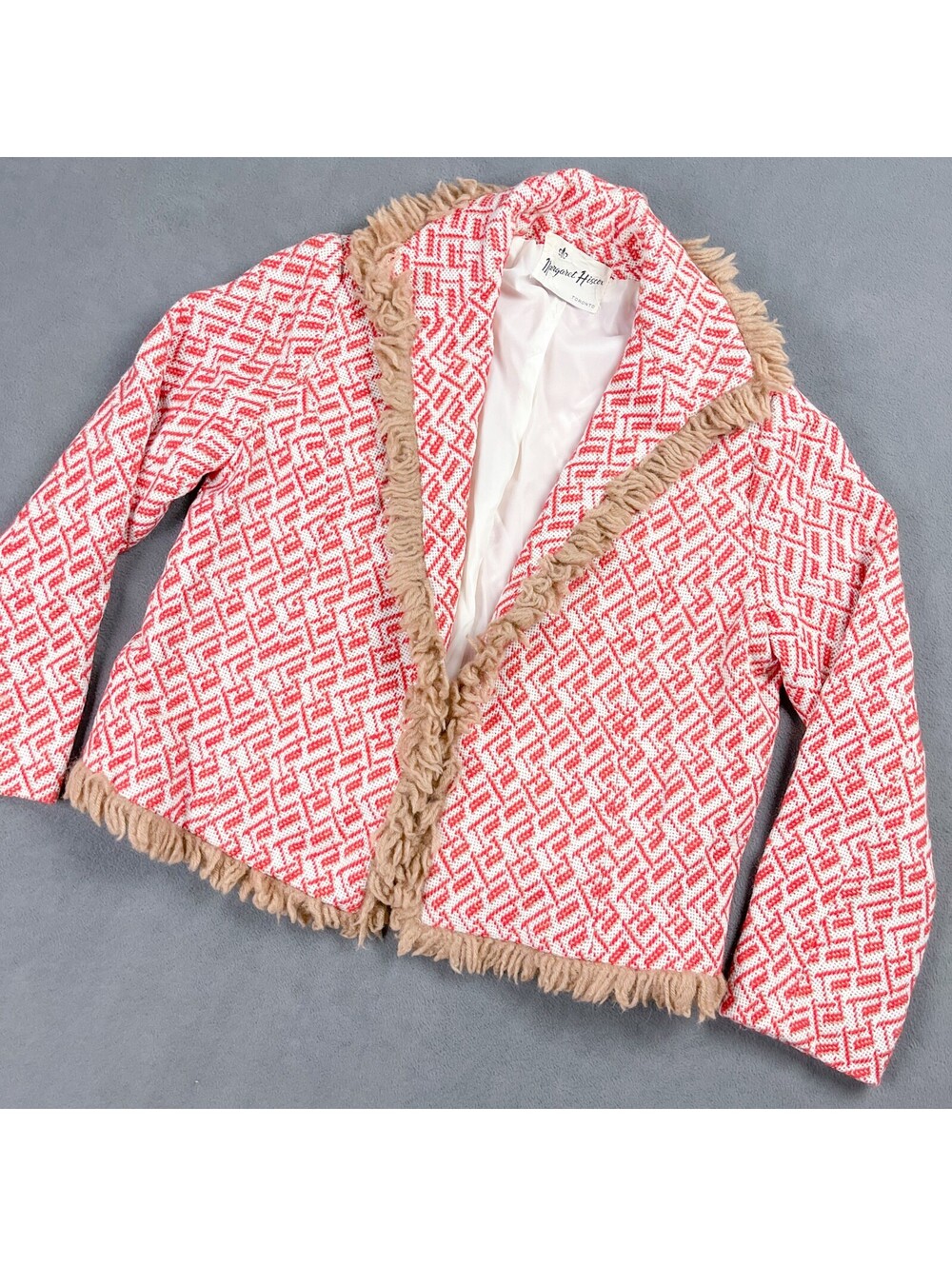 Vintage Tweed Jacket, 70's Tangerine Patterned Women's Coat with Fringe